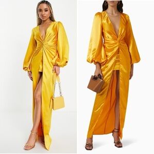NWT Yellow Gown Satin Dress Maxi Long Sleeve Sexy Wedding Guest Formal Size S